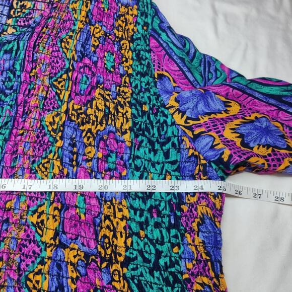 Vtg 90s More Jazz Colorful Abstract Artsy Smocked Tie Back Kaftan Midi Dress 3X - Picture 7 of 8